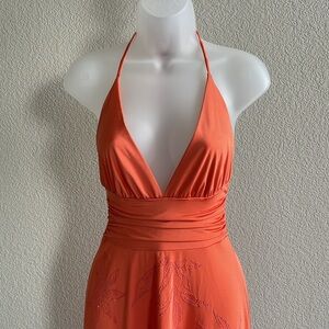 1453- Forever 21 Orange Beaded Embroidered Halter Dress- small